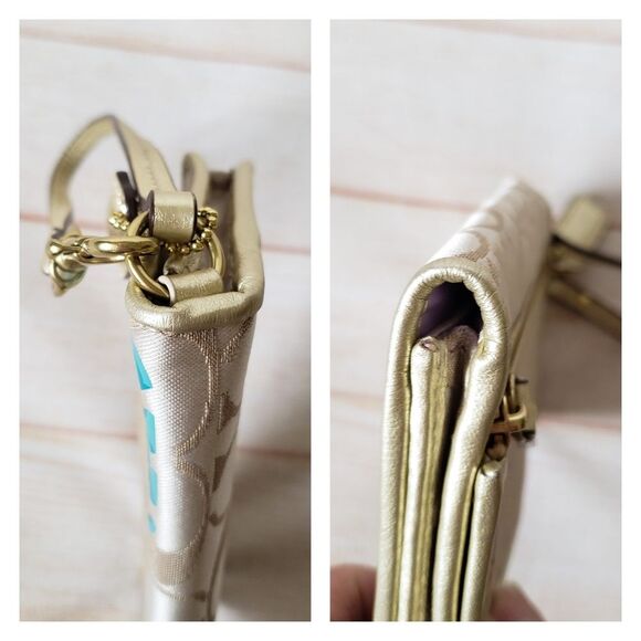 Coach Fabric Leather Logo Wristlet Wallet Metallic Gold Tan Fun Print - Picture 14 of 16